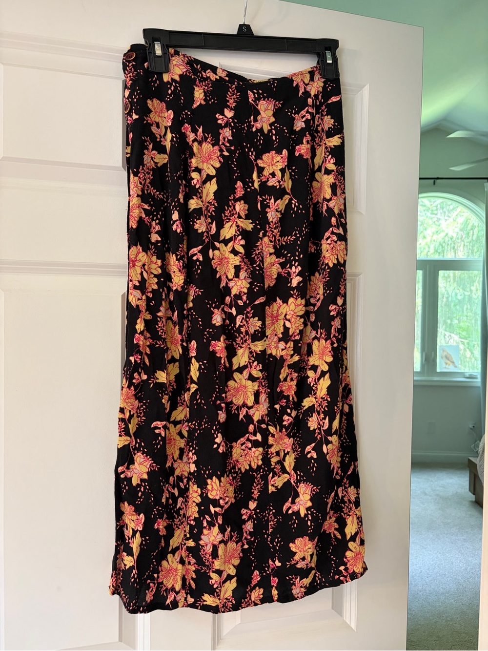 Free People Black Midi Skirt with Pink & Yellow Floral Print